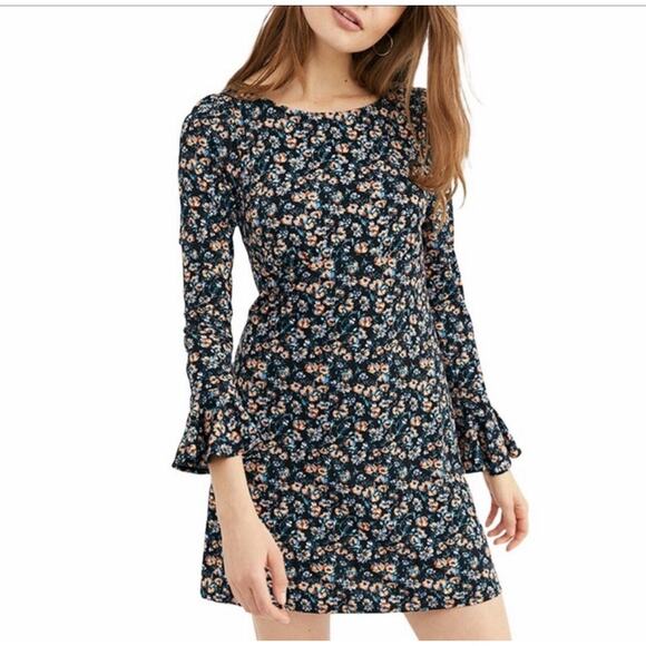 Free People Womens Size XS Say Hello Black Floral Combo Mini Dress Stretch Twirl - Picture 1 of 14